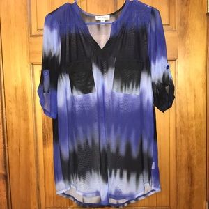 Faith and Joy LA Women’s XL Sheer Ombre Black Blues Pullover V-Neck Top Shirt